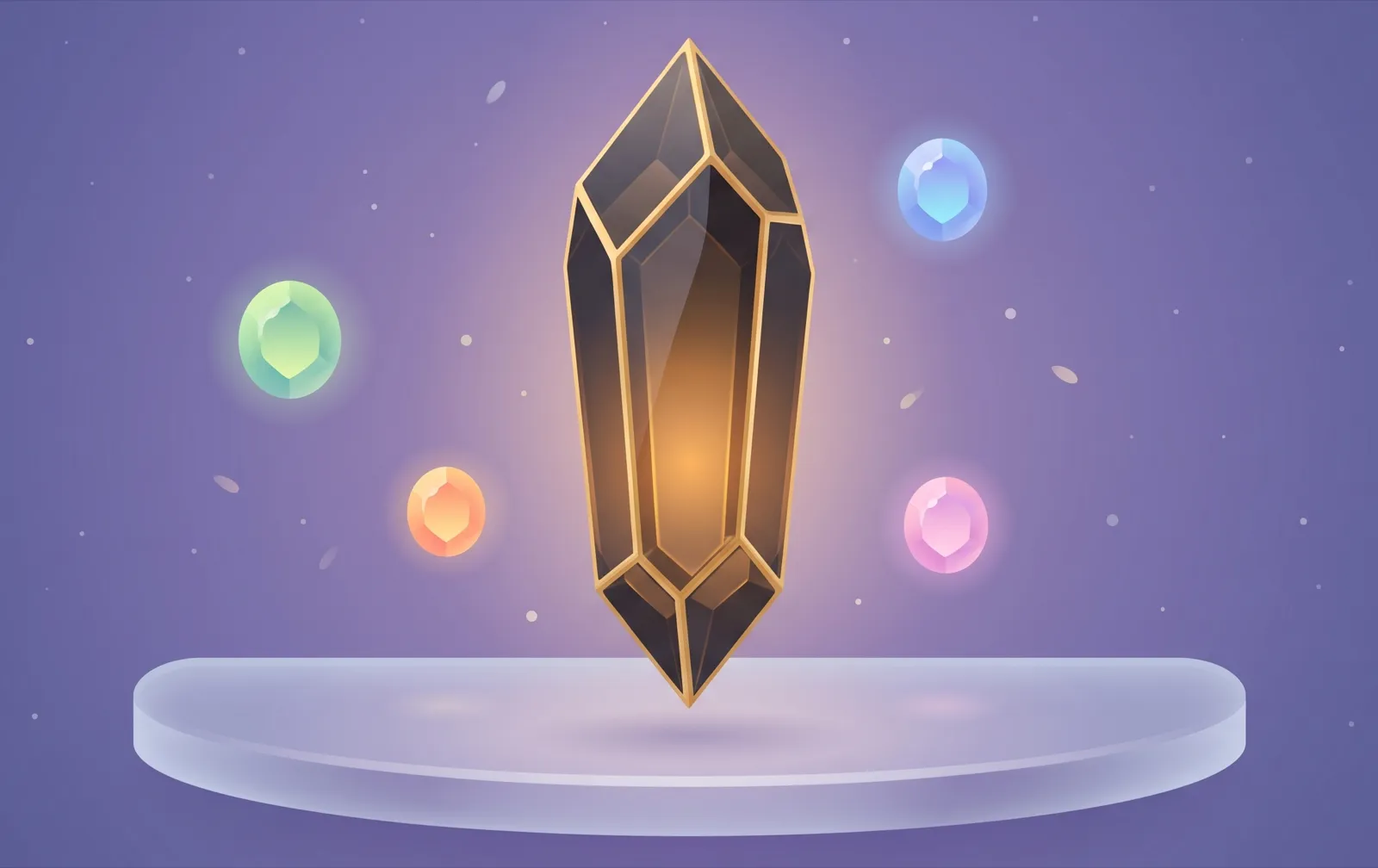 The Founding Member artifact: a faceted onyx-gold crystal on a soft glass shelf beside smaller pillar gems